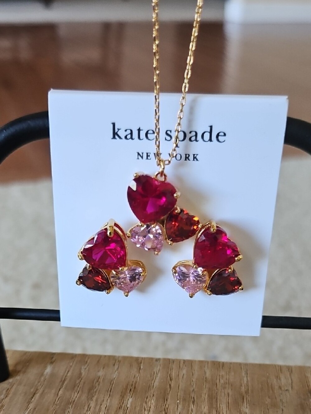 Kate Spade Pink & Red Crystal Heart Necklace and Earring Set - Picture 3 of 6